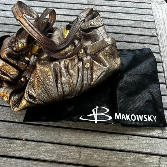 B Makowsky Vintage Bronze Gold Leather Slouchy Hobo Bag Dust Bag - Picture 2 of 12